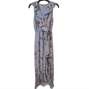 Japna Pale Blue Floral Ruffle Faux Wrap Dress, Size Small